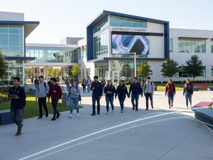Eye-level view of a modern university campus with students walking between buildings
