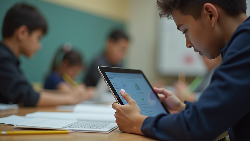 Close-up view of a student using a tablet for interactive learning