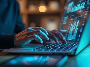 Eye-level view of a person analyzing digital data on a laptop