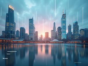 Eye-level view of a modern Canadian city skyline with digital data overlays