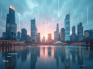 Eye-level view of a modern Canadian city skyline with digital data overlays