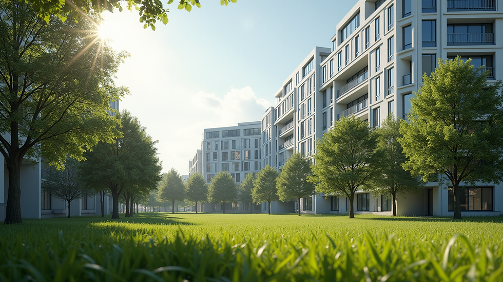 Close-up of a university campus with modern buildings and green spaces