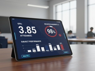 Tablet on classroom desk shows GPA 3.85, 98% behavior, subject performance chart. Students blurred in background, modern classroom setting.