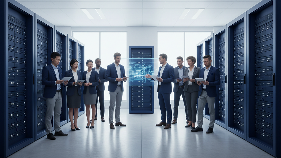 Eye-level view of a server room with cloud data storage racks