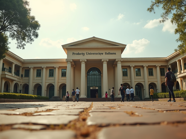 Eye-level view of University of Ibadan main entrance with students walking