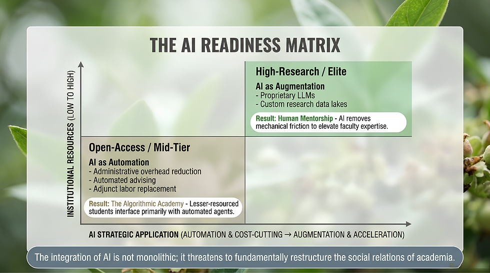 Infographic titled THE AI READINESS MATRIX over blurred green leaves, showing a quadrant chart about AI use in academia.
