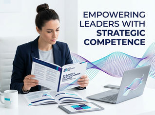 Eye-level view of a professional reading a strategy certification course material