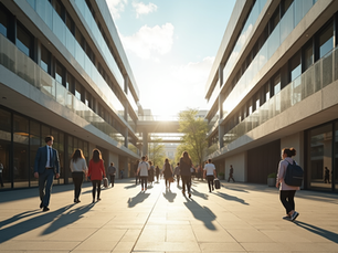 Eye-level view of a modern university campus with students walking between buildings