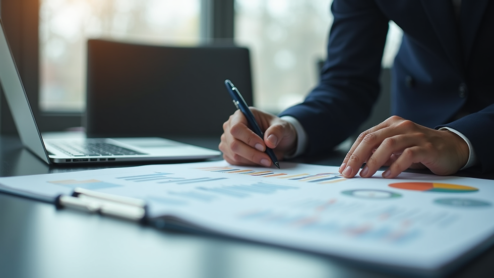 Eye-level view of a professional working on a digital strategy plan with charts and notes