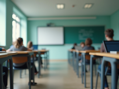 Eye-level view of a modern classroom with digital learning tools