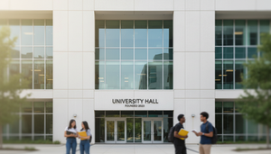 Eye-level view of a modern university campus building