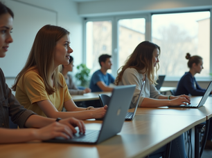 Eye-level view of a modern classroom with students using tablets and laptops