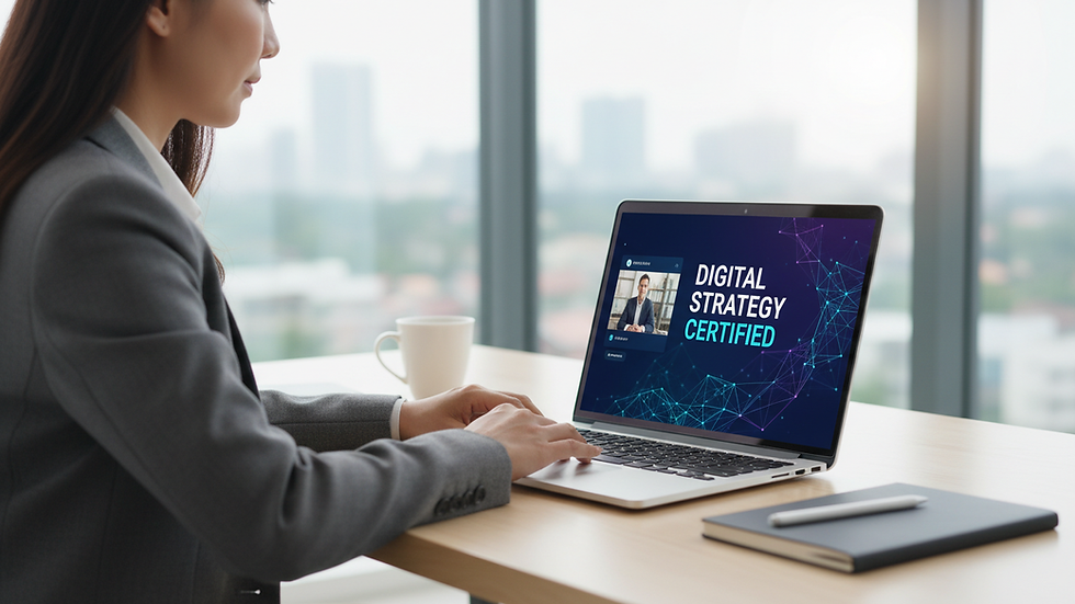 Eye-level view of a professional reading a digital strategy certification course on a laptop
