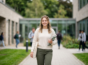 Eye-level view of a modern university campus with students walking