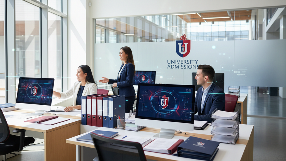 Eye-level view of a university admissions office with computers and paperwork organized neatly