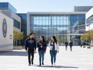 Eye-level view of a modern university campus with students walking between buildings