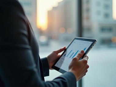 Eye-level view of a professional reading a digital strategy report on a tablet