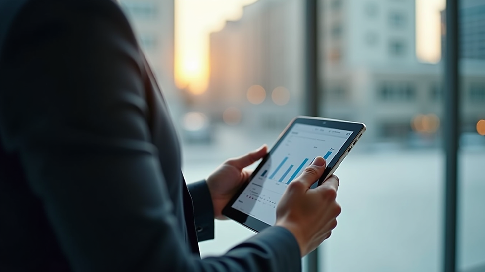 Eye-level view of a professional reading a digital strategy report on a tablet