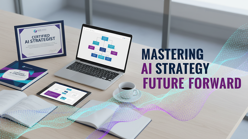 High angle view of a professional workspace with AI strategy certification materials