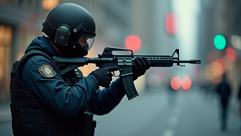 Close-up view of an armed officer during a security drill