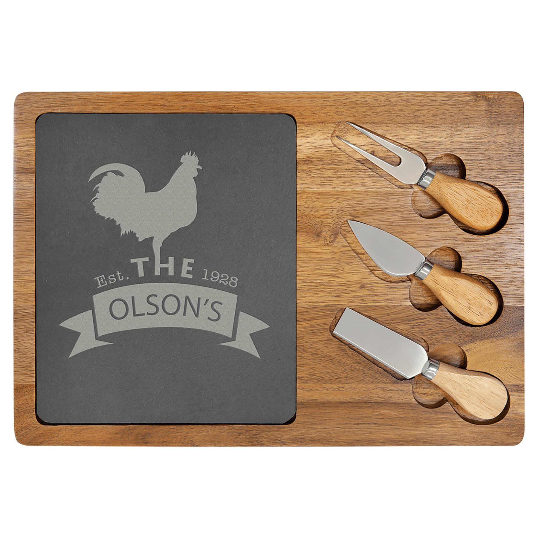 13 3/4" x 9 3/4" Acacia Wood Serving Board w/ Slate Insert & Three Tools