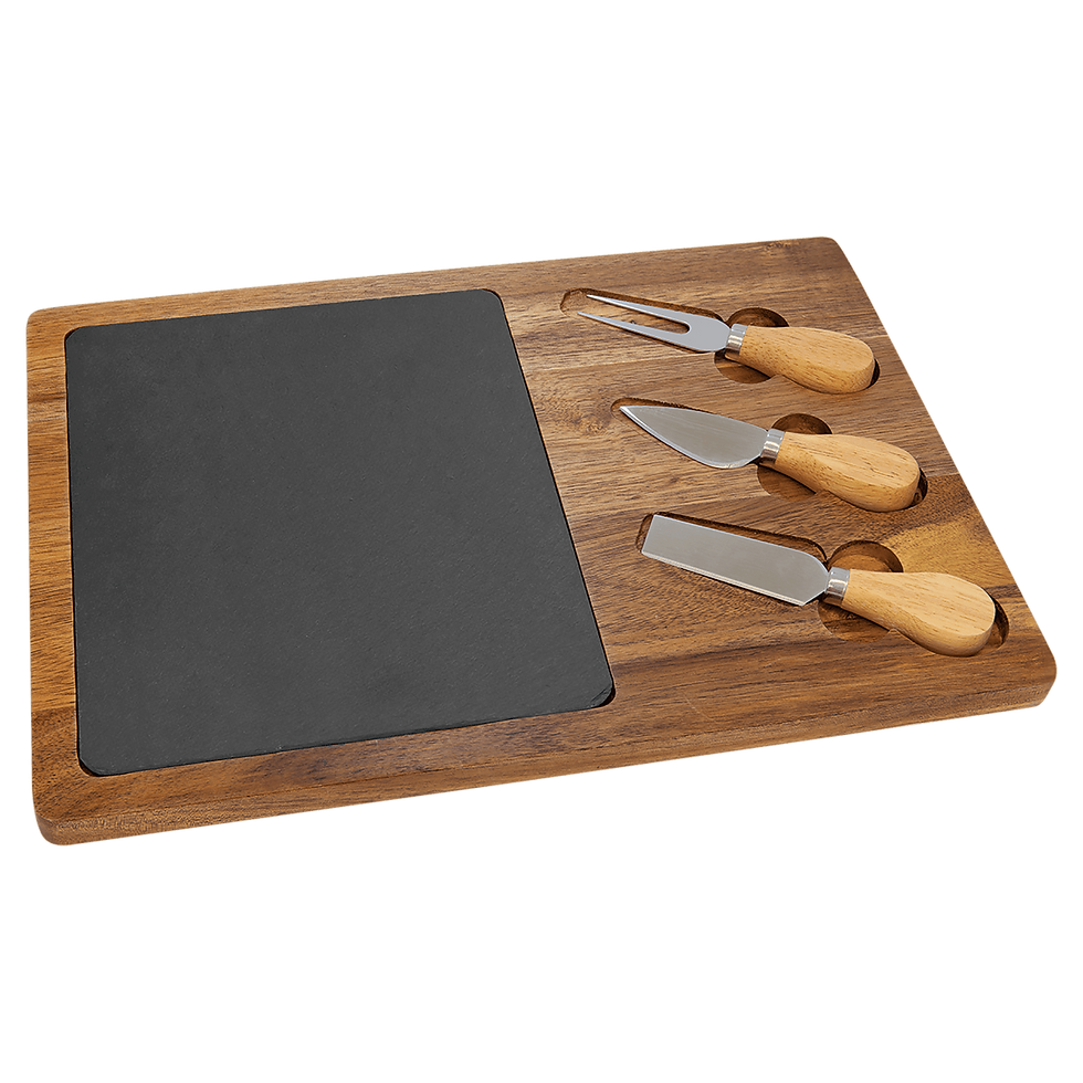 Thumbnail: 13 3/4" x 9 3/4" Acacia Wood Serving Board w/ Slate Insert & Three Tools