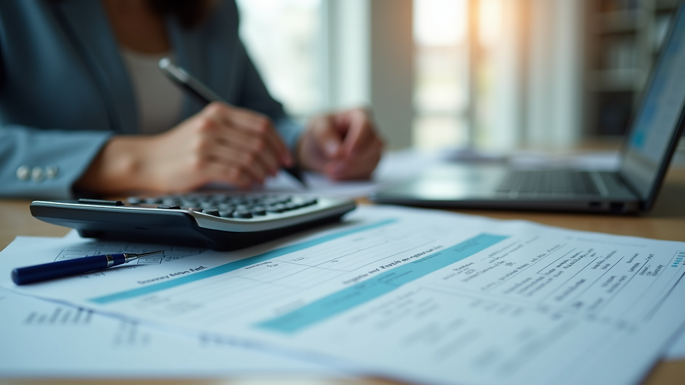 Eye-level view of a desk with corporate tax forms and calculator