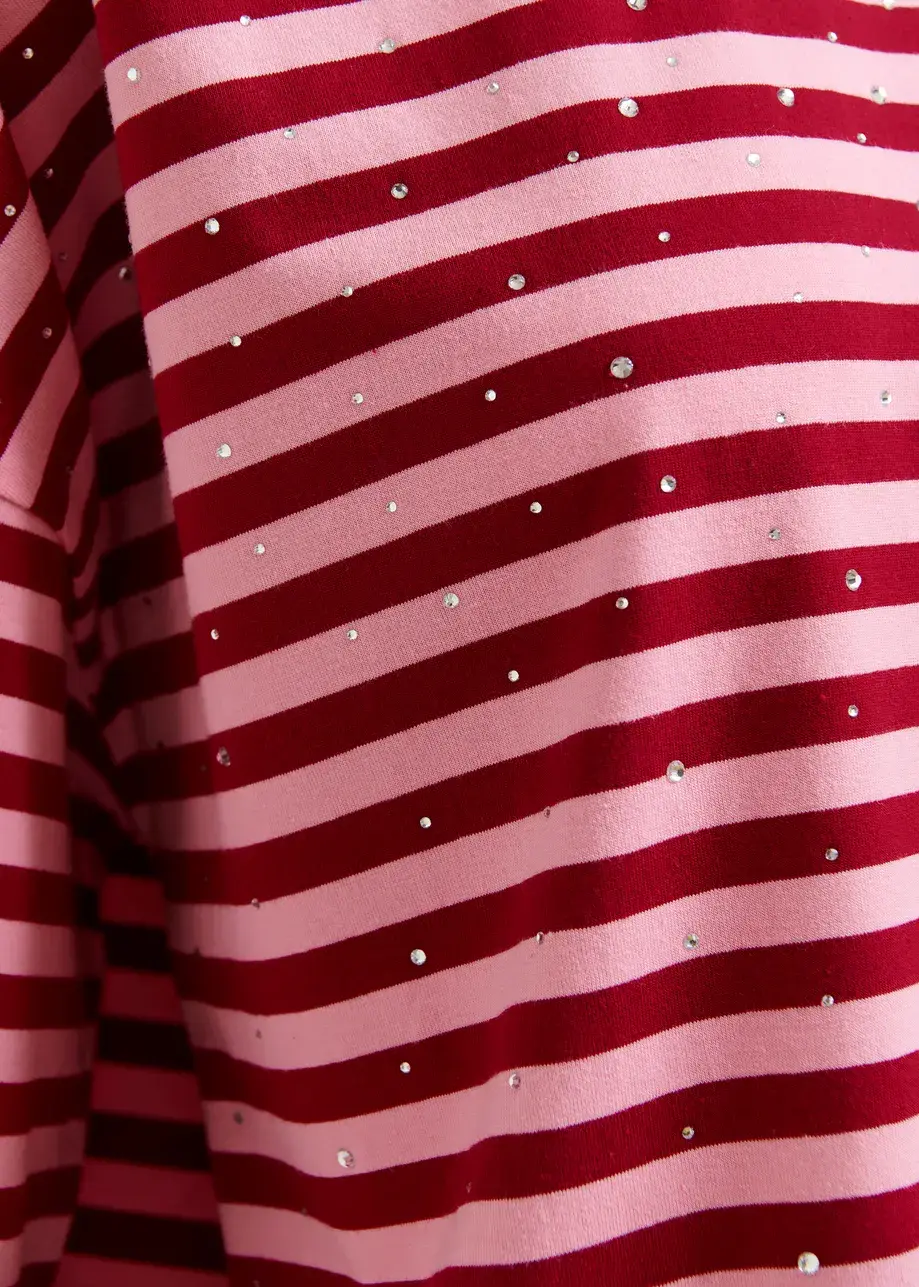 Thumbnail: Roze en bordeaux gestreept oversized T-shirt met stras JOSTE-J1FB