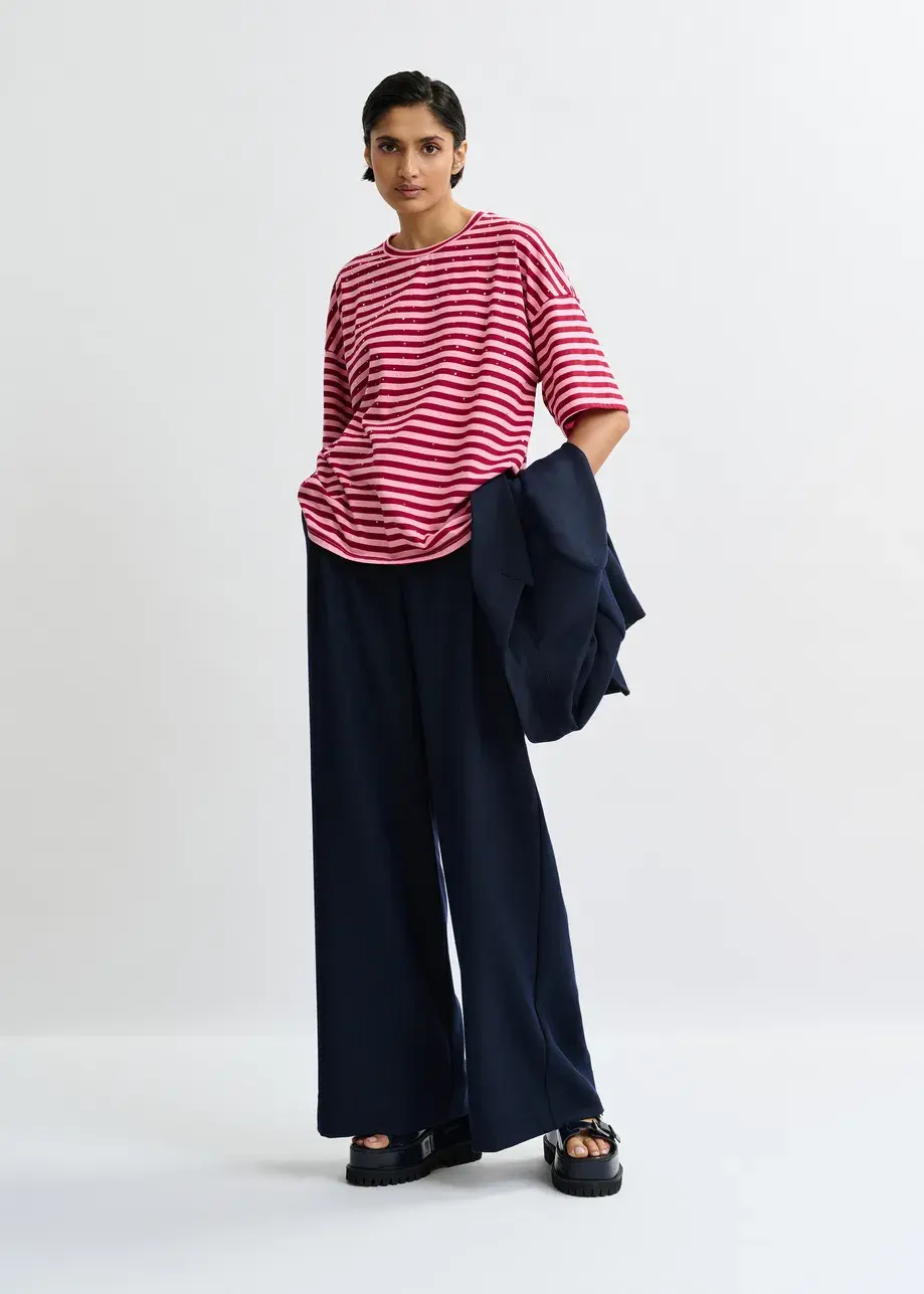 Thumbnail: Roze en bordeaux gestreept oversized T-shirt met stras JOSTE-J1FB