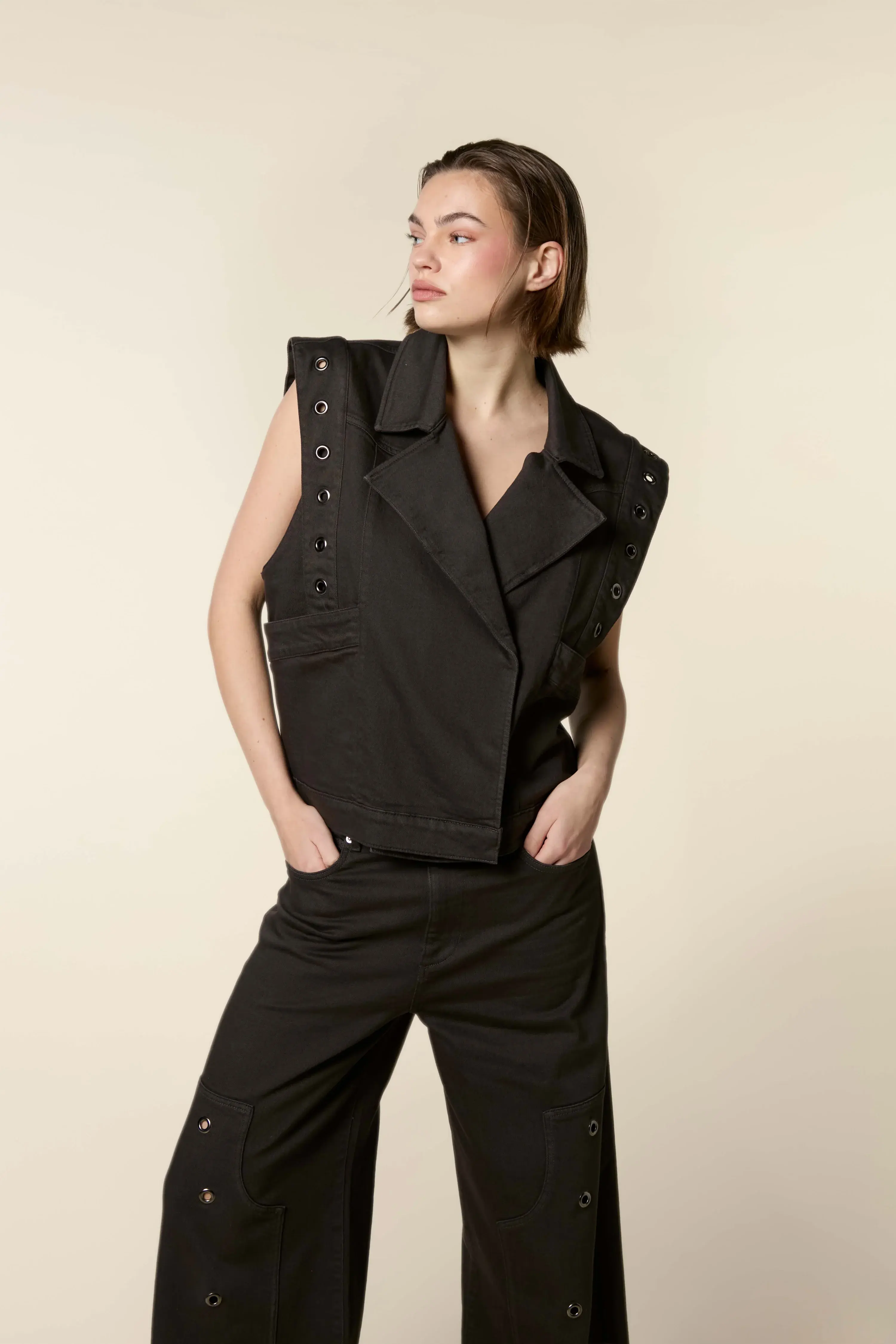 Denim Waistcoat With Big Eyelets Dark Brown H-CW26M85