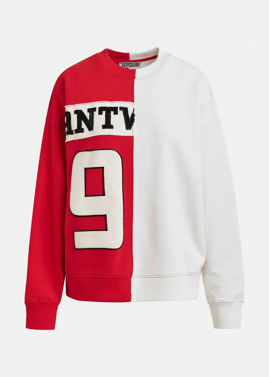 Thumbnail: Rode en witte sweater van 2 helften met appliques JAME-J1OB