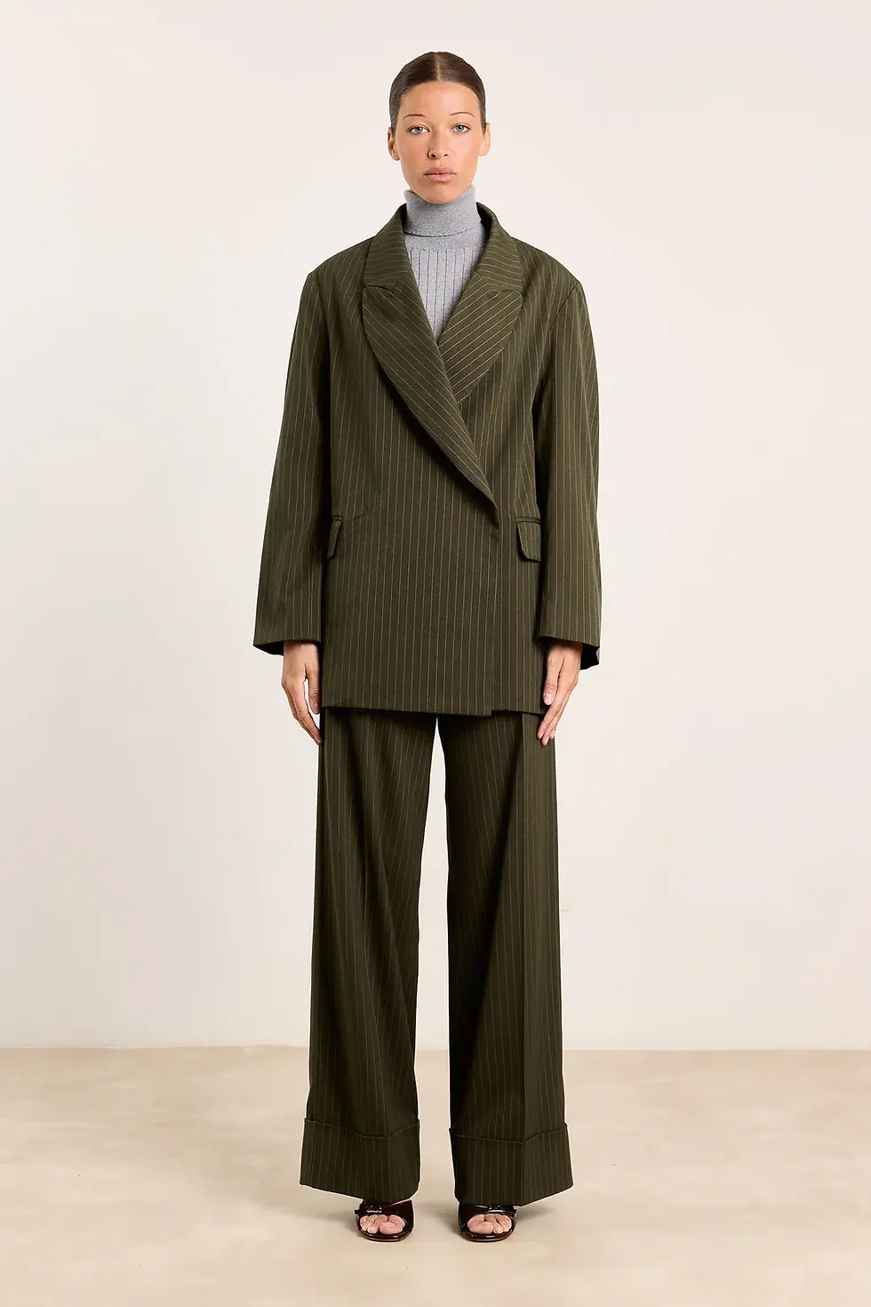 Thumbnail: FRANCOISE Oversized Blazer met krijtstreep Military Green
