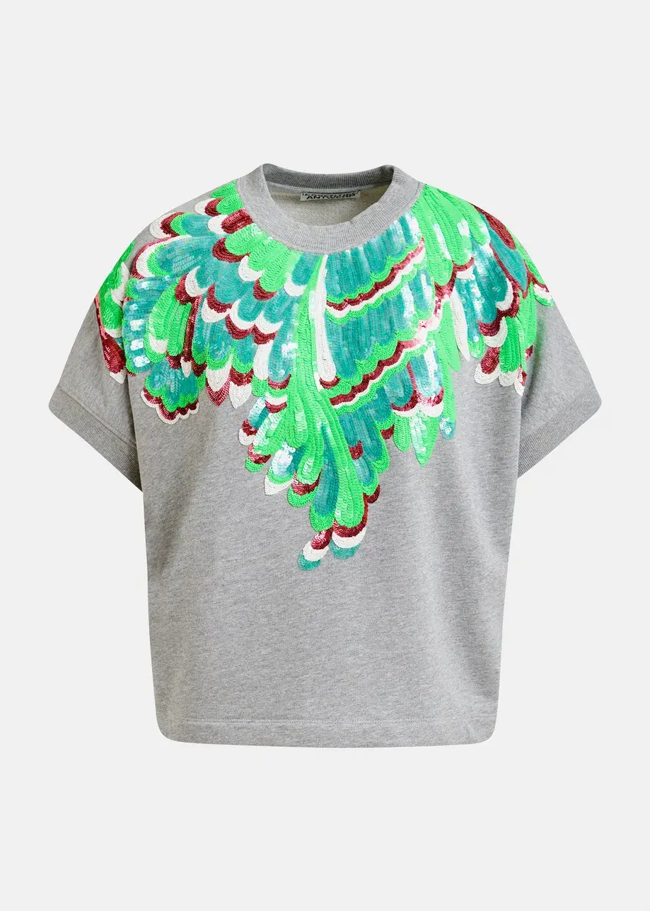 Thumbnail: Grijze katoenen sweater met veelkleurig verenmotief JOLIES-J1FO