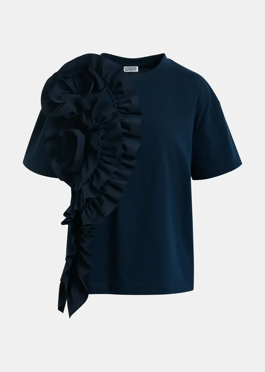 Thumbnail: Marineblauw katoenen T-shirt met oversized bloem JIDOLE PB07