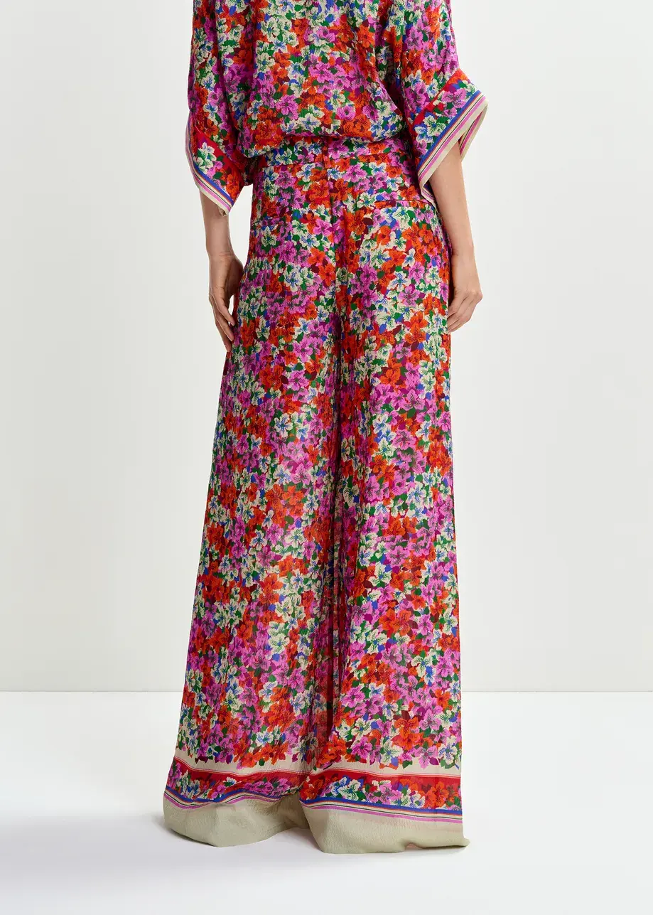 Thumbnail: Paarse, rode en veelkleurige brede broek van zijdemix met bloemenprint JOEK-J1FG