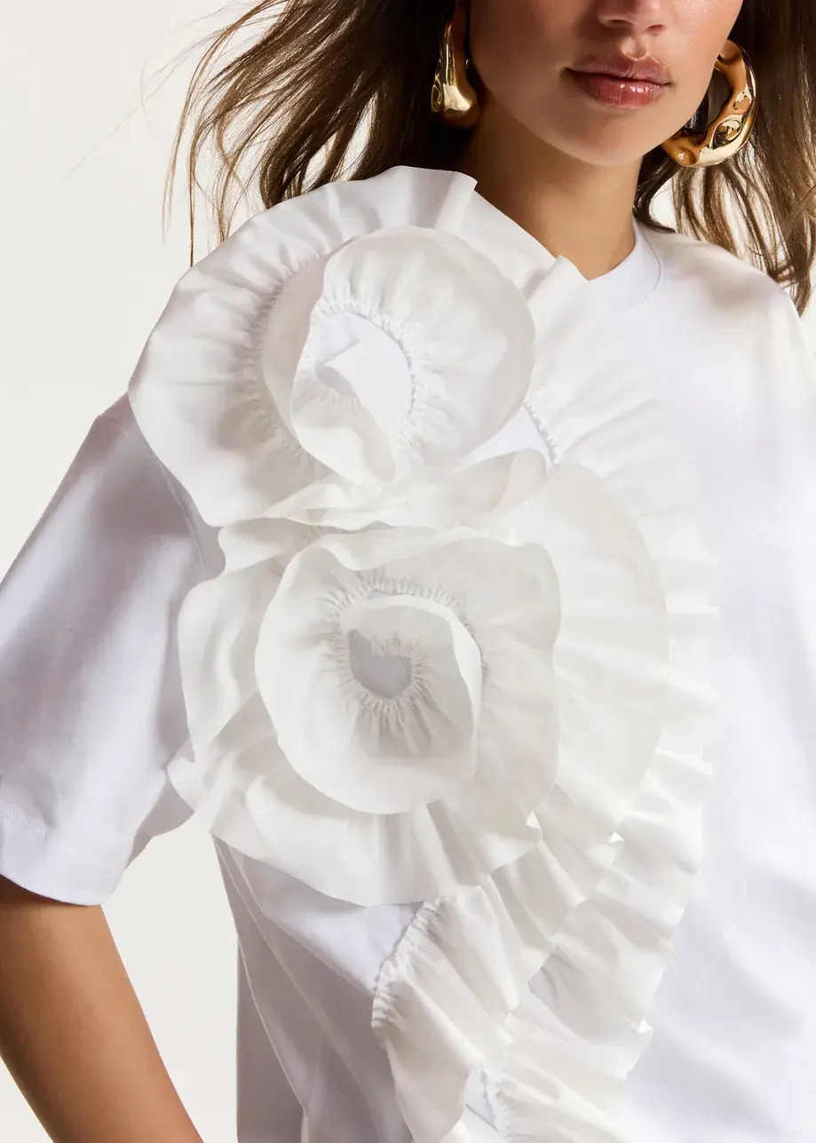 Wit katoenen T-shirt met oversized bloem JIDOLE WH00