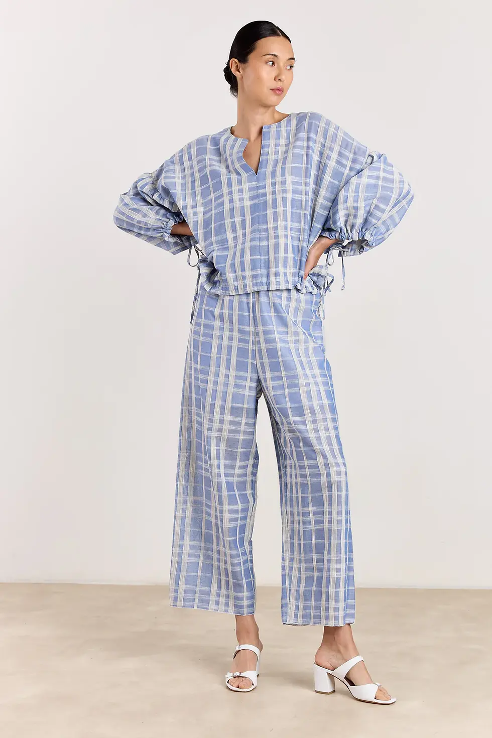Thumbnail: GABY Jacquard Blue Checked Blouse