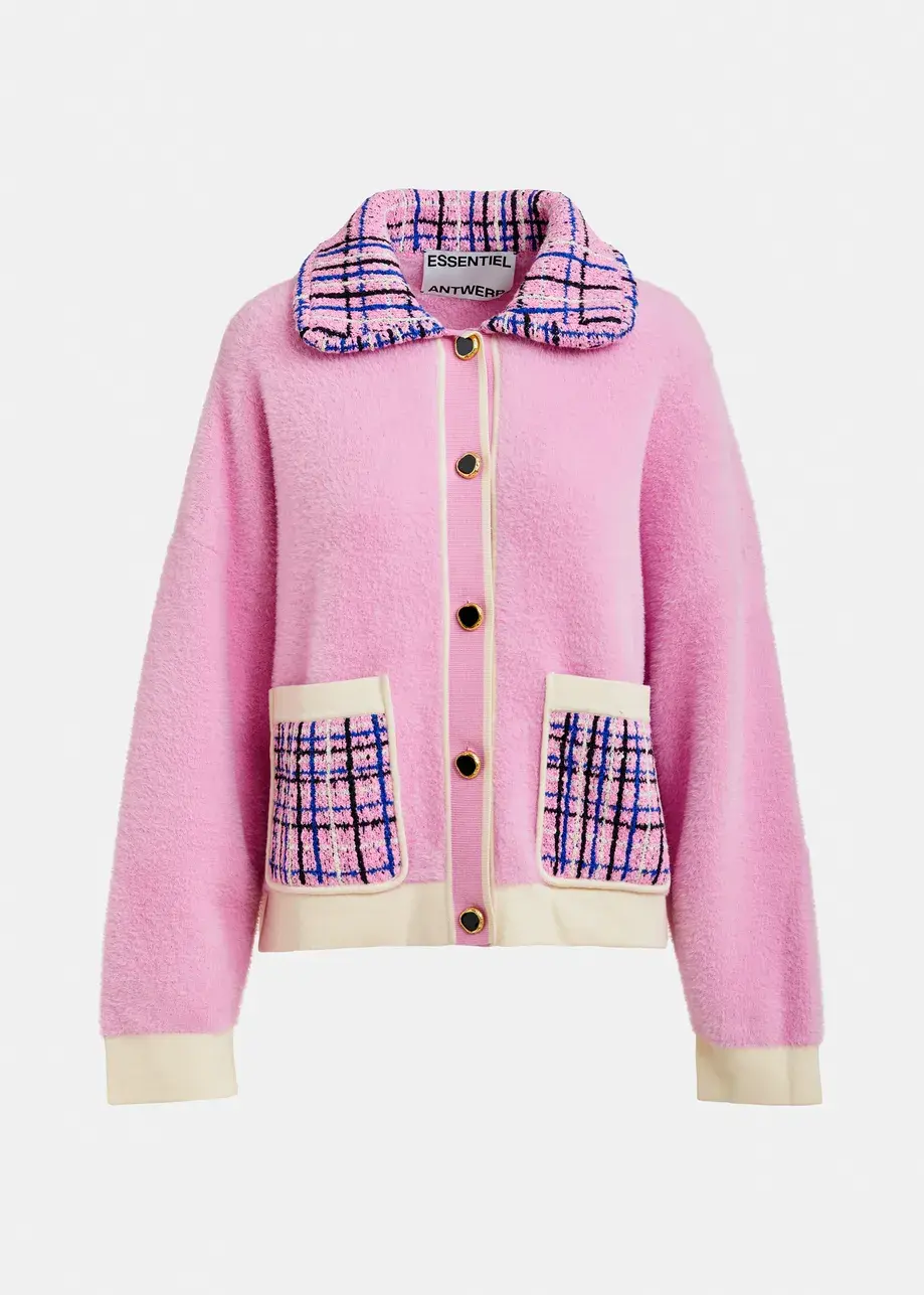 Thumbnail: Roze & witte cardigan met blauw-zwarte tweedkraag en opgestikte zakken JOILU-CO1