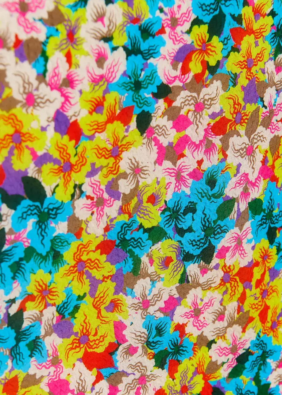 Thumbnail: Gele, blauwe & veelkleurige sjaal van zijdemix met bloemenprint JABER-J2LS