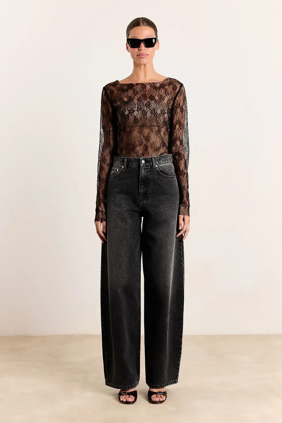 Thumbnail: NATHALIE Lace See-through blouse Zwart