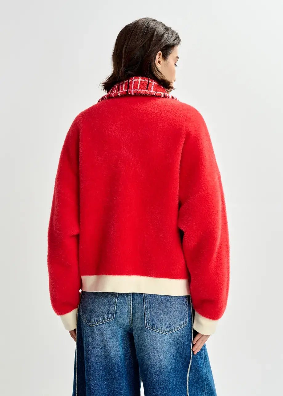 Thumbnail: Rode & witte cardigan met roze-zwarte tweedkraag en opgestikte zakken JOILU-OB11