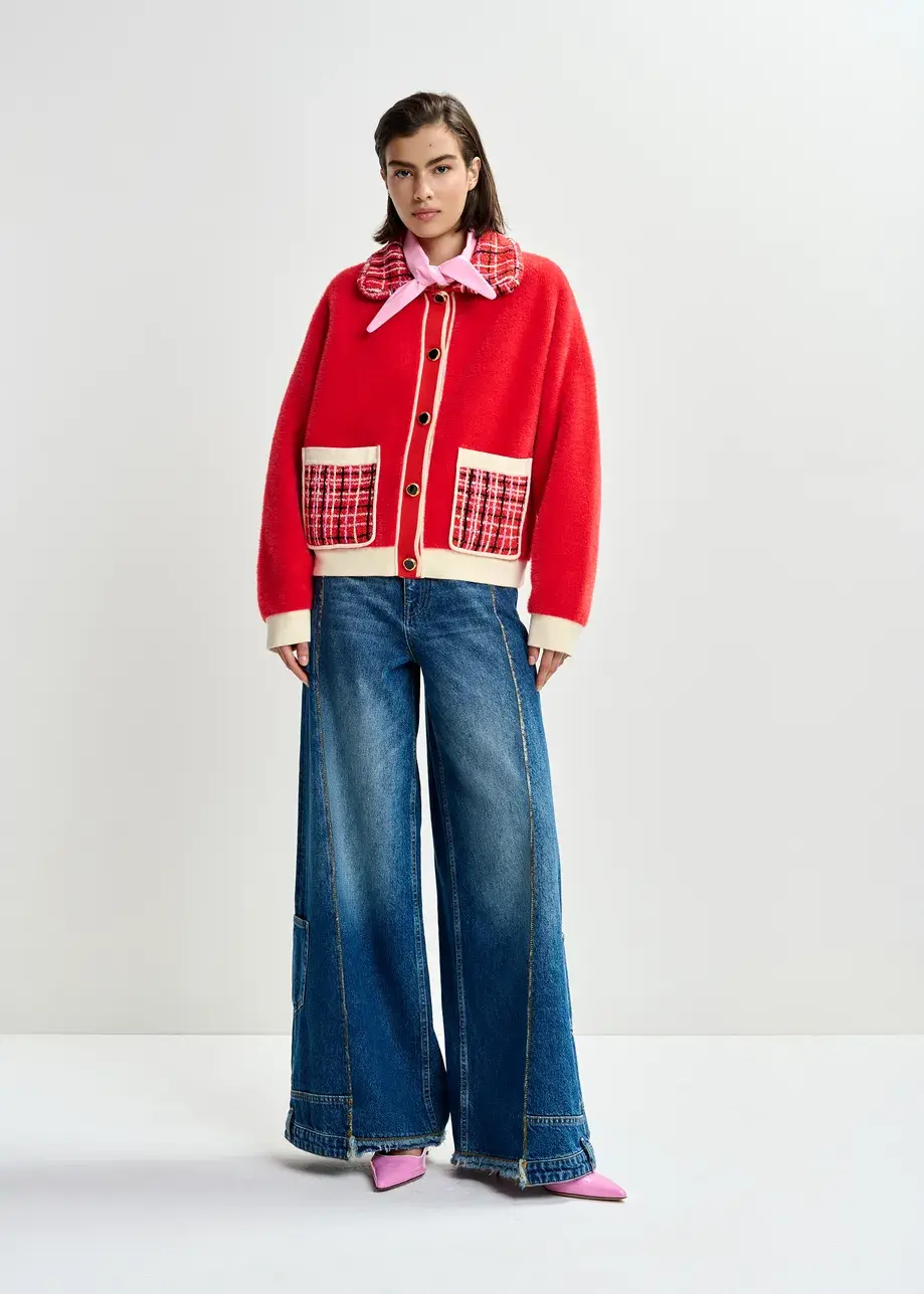 Thumbnail: Rode & witte cardigan met roze-zwarte tweedkraag en opgestikte zakken JOILU-OB11