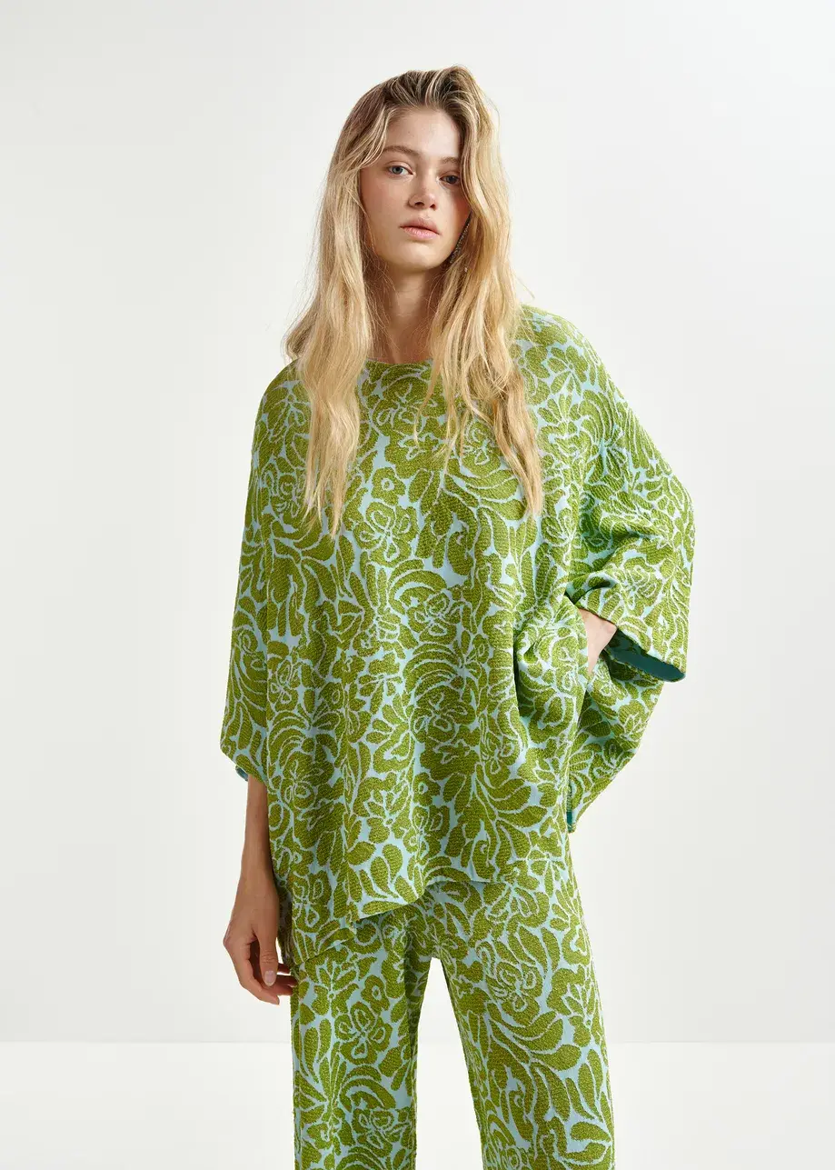 Groene en blauwe top in bloemenjacquard HARDEN H3AB
