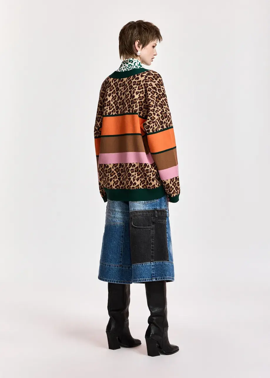Thumbnail: Brown and mulitcolor leopard-print color-block cardigan KAUDI K1DE
