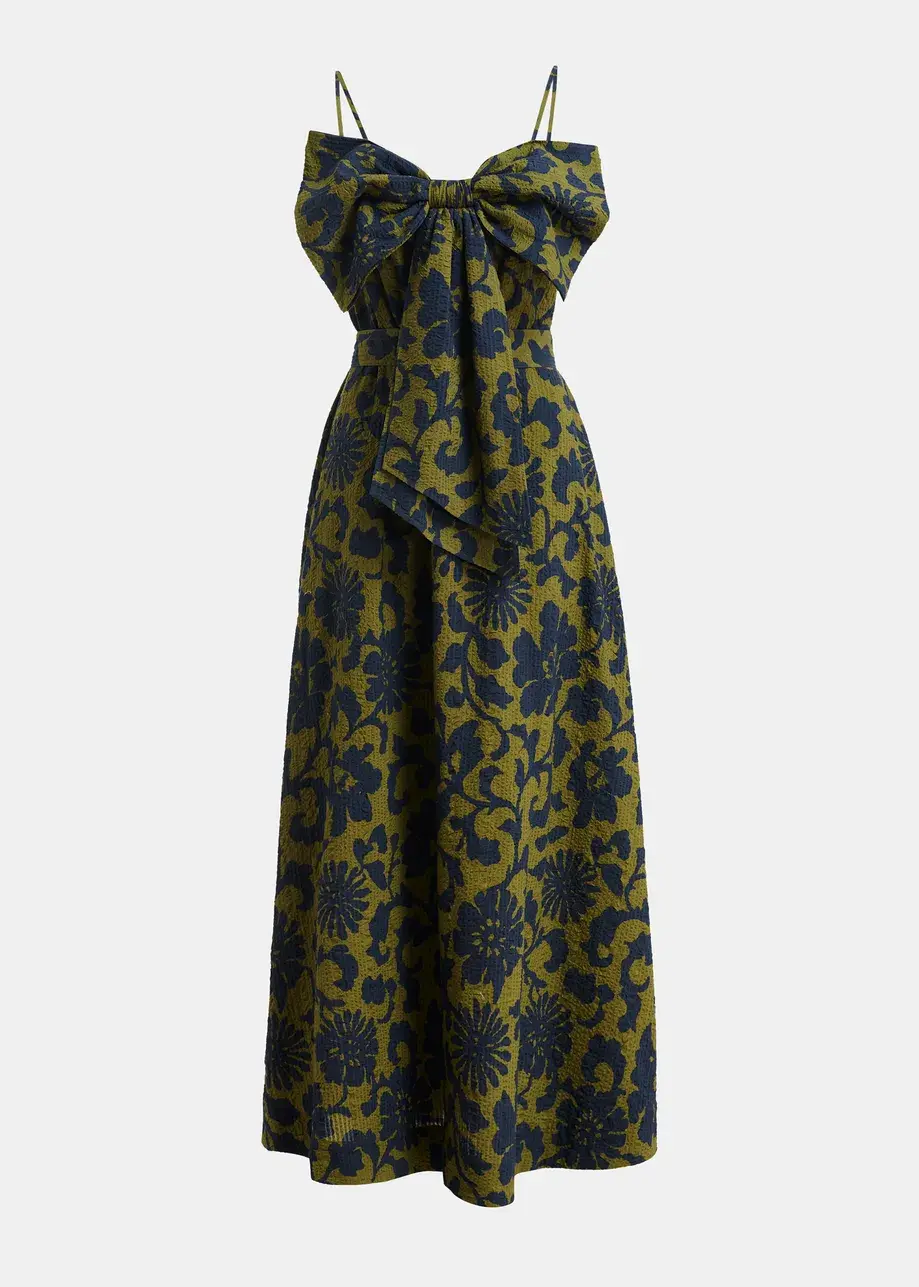 Thumbnail: Groene en donkerblauwe midi-babydolljurk met bloemenprint en strik JOHNSON J2AV