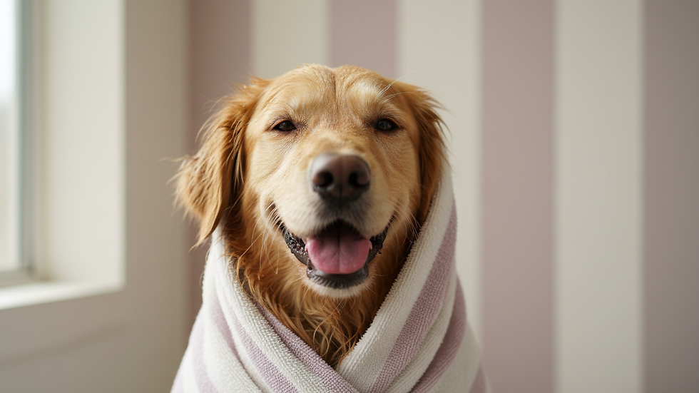 Close-up view of a happy dog wrapped in a towel after a bath