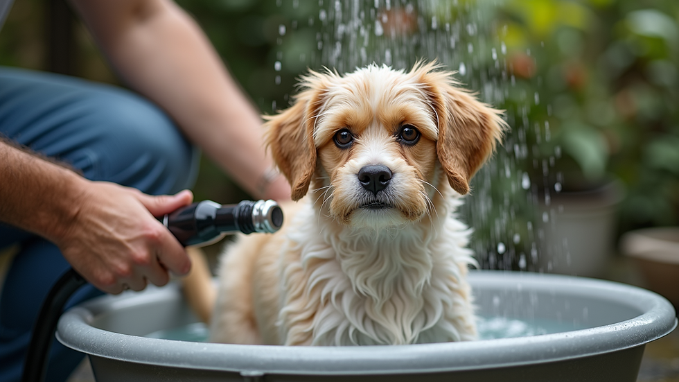 Close-up view of a dog being gently washed with a spray hose in a pet wash tub