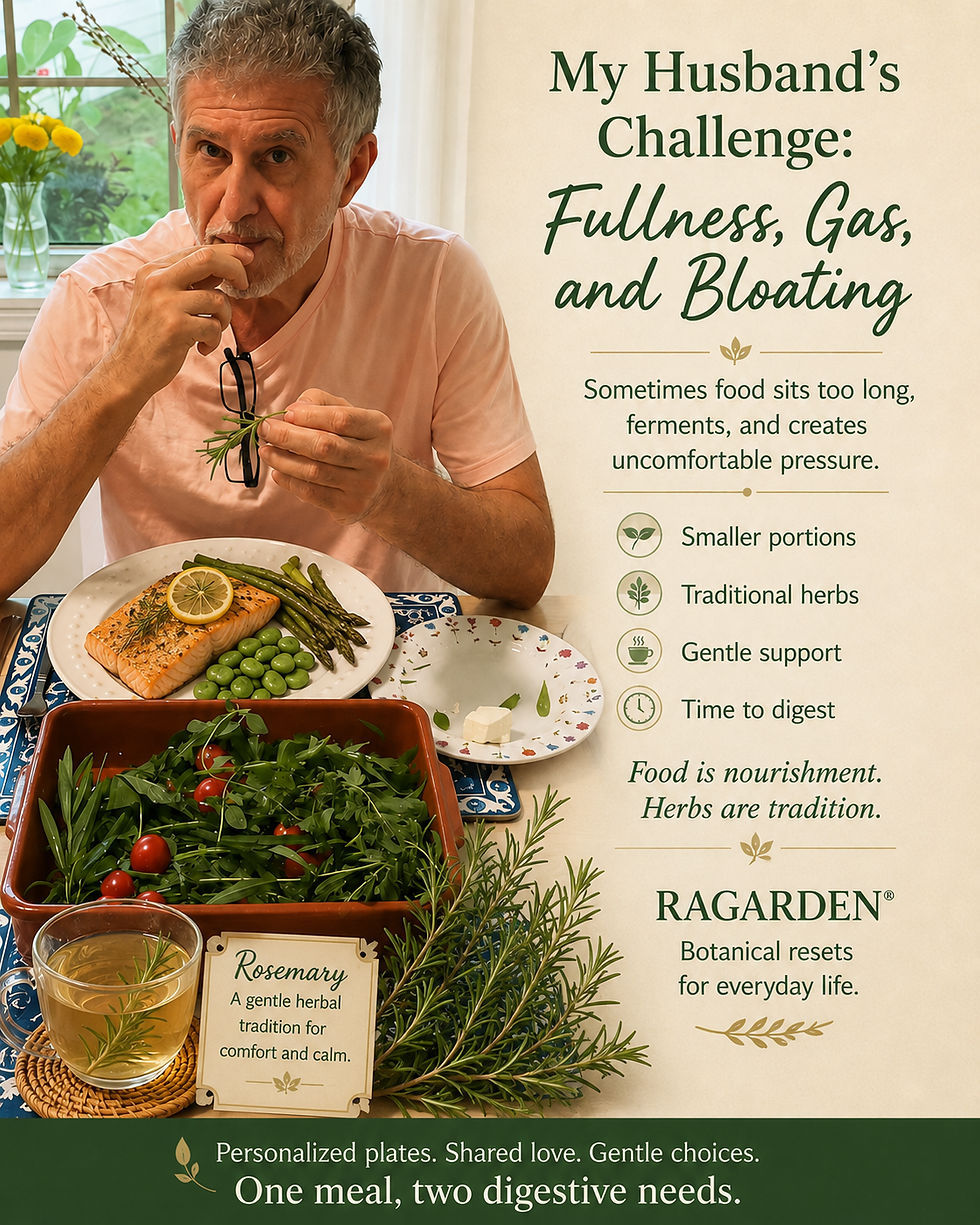 Man at a kitchen table eating salmon and herbs beside a poster about fullness, gas, and bloating; text mentions smaller portions and rosemary.