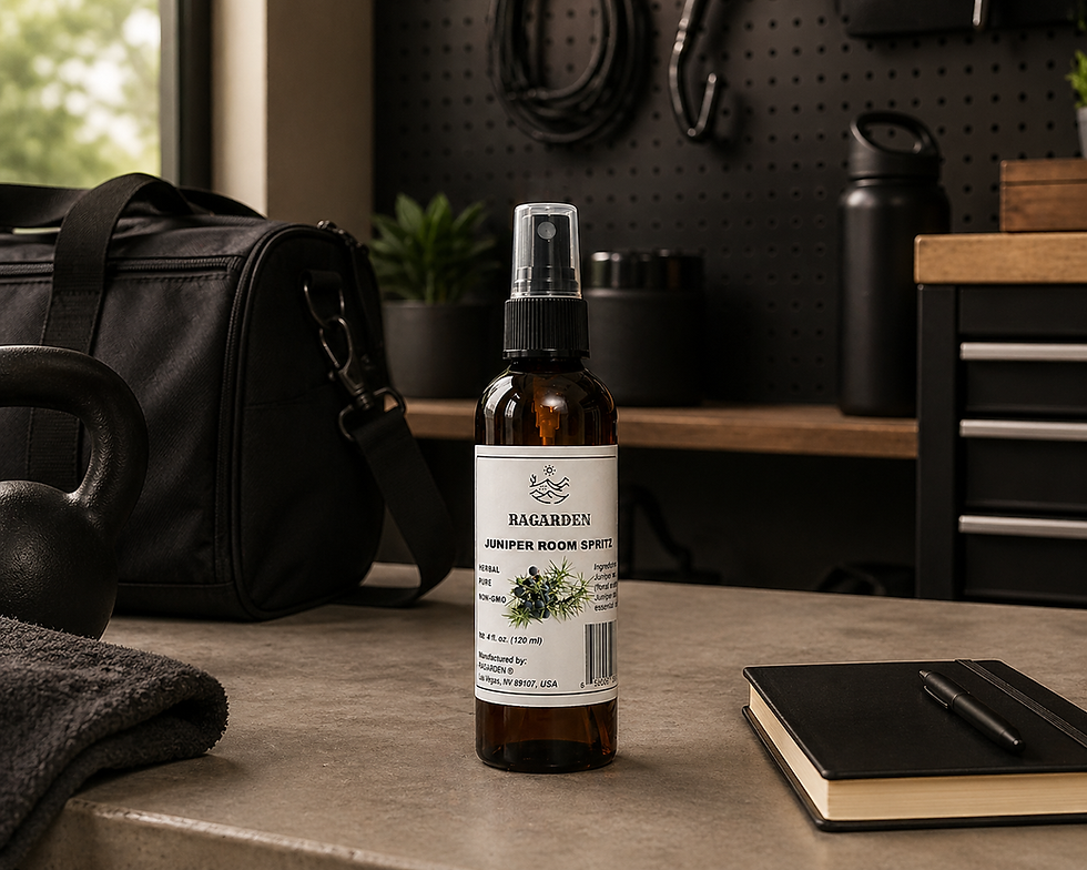 Thumbnail: RAGARDEN® Juniper Room Spritz in amber spray bottle in garage.