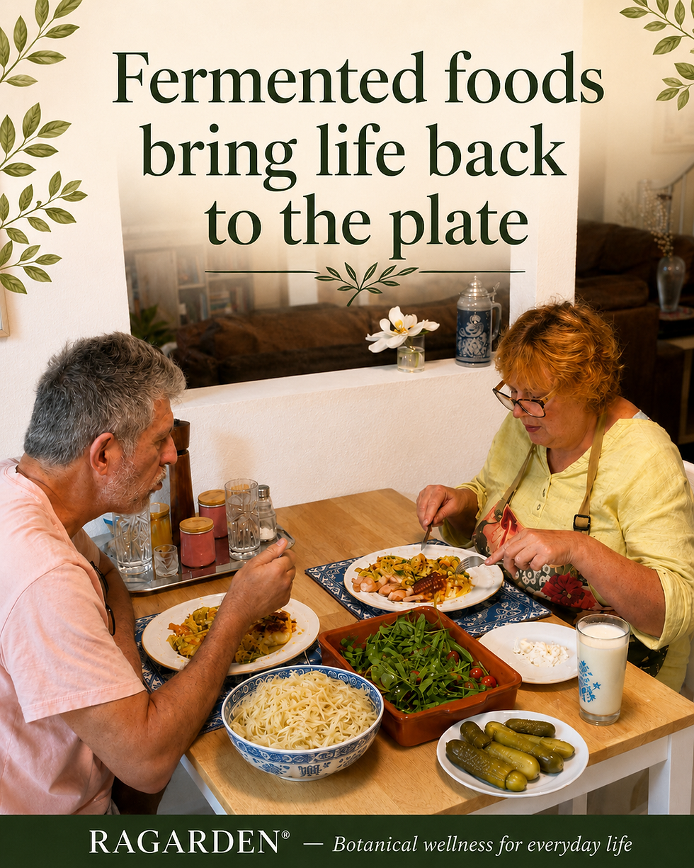 Cozy home dinner table with sauerkraut, pickles, kefir, fresh greens, and a couple enjoying a meal, with text reading “Fermented foods bring life back to the plate” and RAGARDEN® branding.